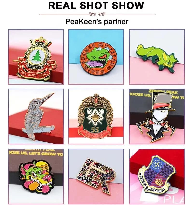 Algunos ejemplos de pins fabricados por Peakeen