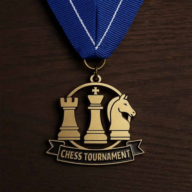 Medaglia d'oro per il torneo di scacchi con il disegno di un pezzo degli scacchi ritagliato.