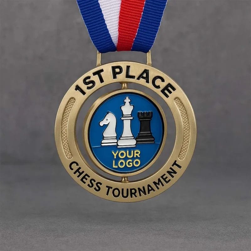 Medaglia d'oro per il 1° posto al torneo di scacchi, filata per mostrare il suo intricato design e i dettagli incisi.
