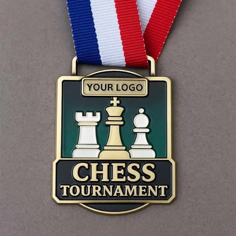 Medaglia da torneo di scacchi di forma quadrata con il vostro logo ben visibile al centro.