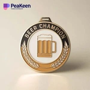 Una medalla de oro de campeón de cerveza con las palabras "Beer Champion" (campeón de cerveza) bien visibles en su superficie.
