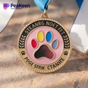 Una medaglia d'oro ornata da una zampa di cane, che celebra i risultati ottenuti nell'addestramento dei cani o i successi legati agli animali domestici.