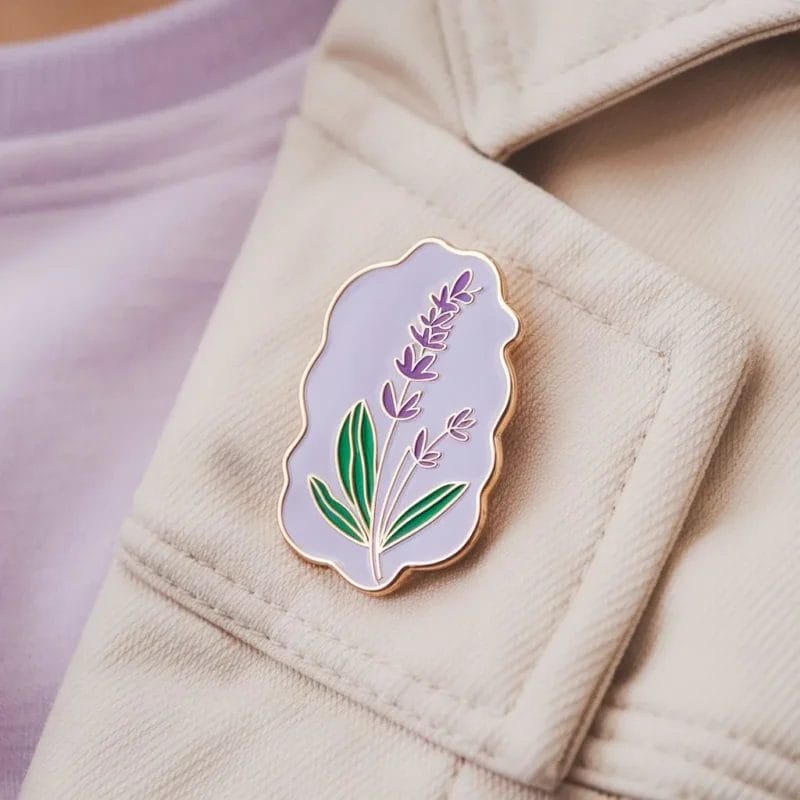 Un'elegante spilla color lavanda ornata da un vivace fiore viola, ideale per accessoriare abiti o borse.
