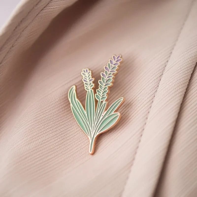 Un'elegante spilla ornata da un fiore verde e viola, che rappresenta la Lavanda Pins.