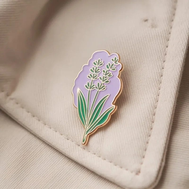 Un'affascinante spilla con un fiore viola, che rappresenta la collezione Lavender Pins, adatta a vari stili di moda.