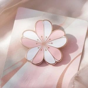 Una spilla a forma di fiore di Sakura in rosa e bianco, presentata su un elegante cartoncino.