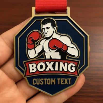 ボクシング・グローブと月桂冠をモチーフにしたカスタム・デザインのボクシング・メダルは、スポーツにおける勝利と功績を象徴しています。