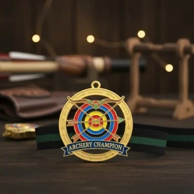 アーチェリー競技での功績を象徴する "Archery Champion "の文字が入ったメダル。