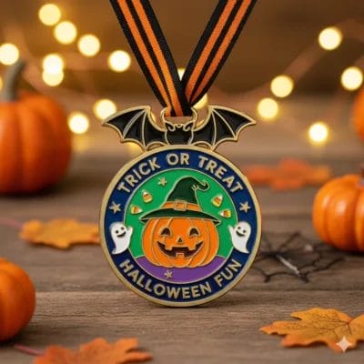 コウモリとカボチャがデザインされた、ハロウィーンをテーマにしたメダル。